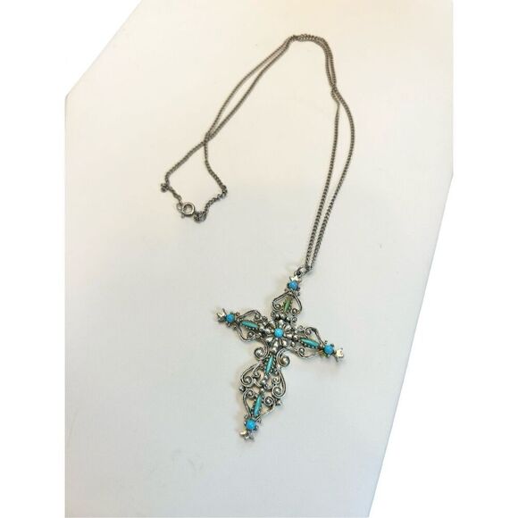 Signed Roma Cross Pendant Necklace Petit Point Faux Turquoise Christian Vintage - Picture 8 of 10